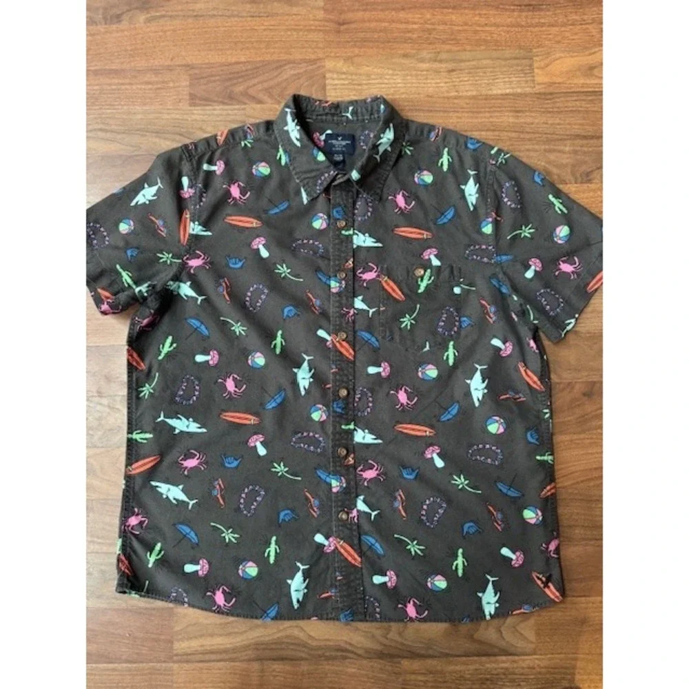American Eagle Outfitters Button Down Shirt Luau Theme XL Shark Mushrooms Cactus